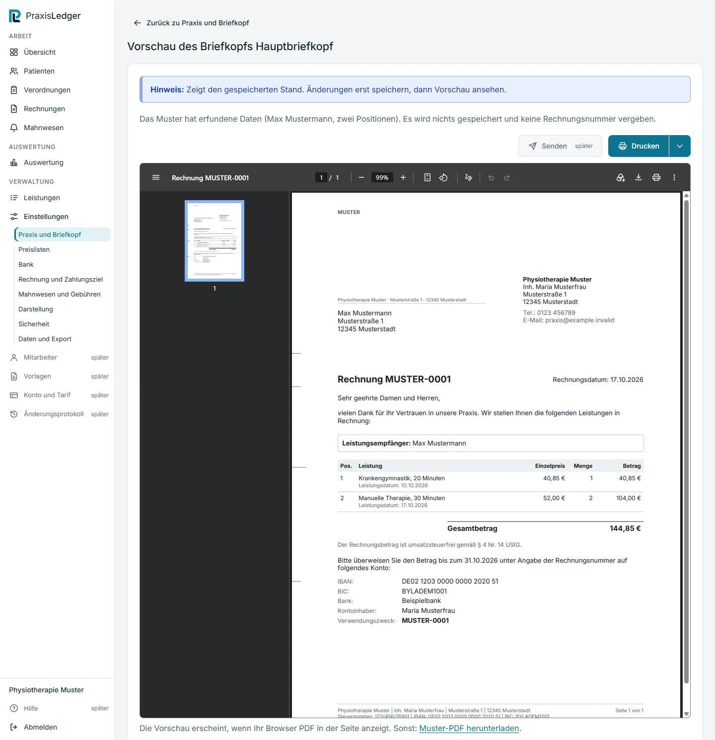 Vorschau des Briefkopfs mit einer Muster-Rechnung als PDF