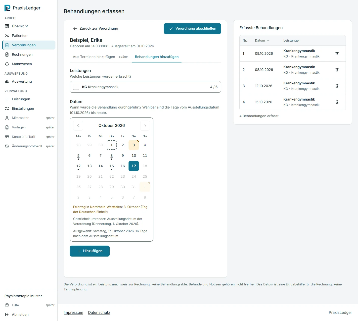 Behandlungen einer Verordnung erfassen mit Klick-Kalender und Liste der erfassten Behandlungen
