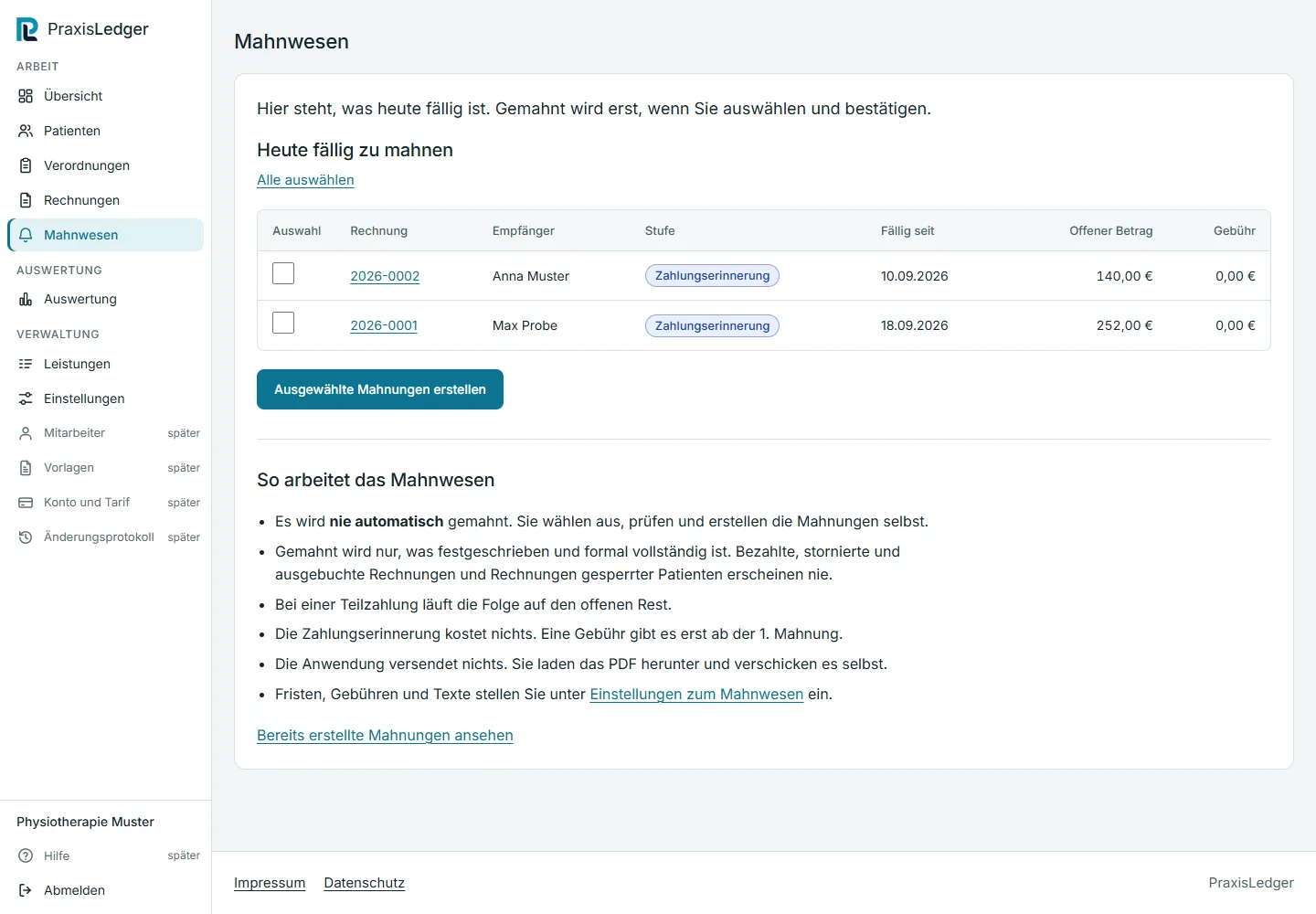 Seite Mahnwesen mit der Liste der heute fälligen Mahnungen