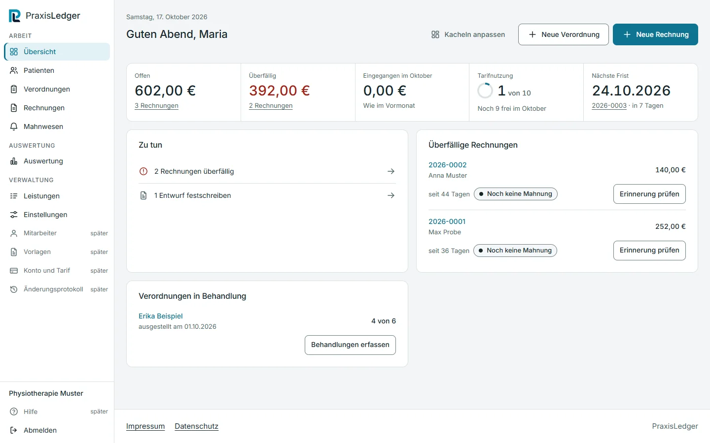 Startbildschirm von PraxisLedger mit Kennzahlen zu offenen und überfälligen Rechnungen, der Liste Zu tun und den überfälligen Rechnungen